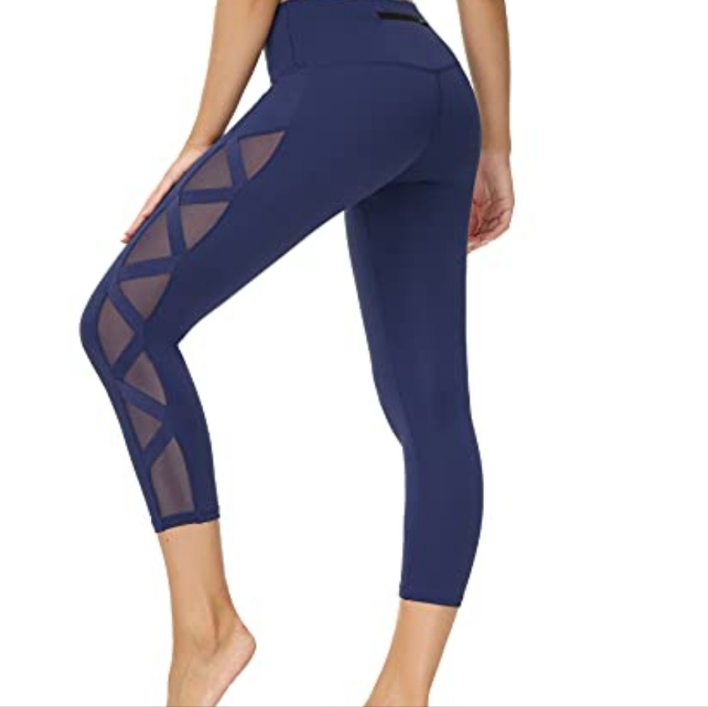romansong Mesh Criss Cross Panel‎ Leggings Women's Size Large Blue Cropped